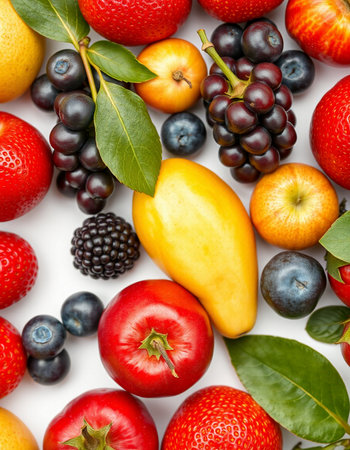 Fresh fruits and berries isolated on a white background. Top view.