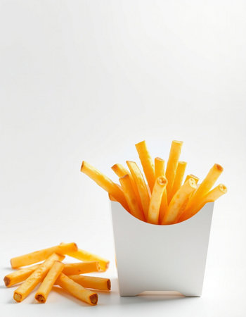 French fries in a white box on a white background with copy space
