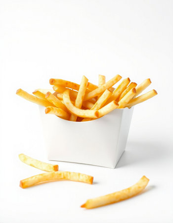 French fries in a box on a white background. Selective focus.
