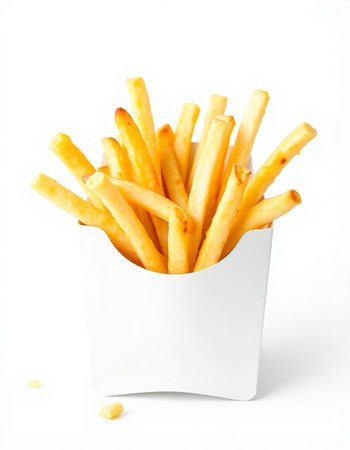 French fries in a white box on a white background. Isolated