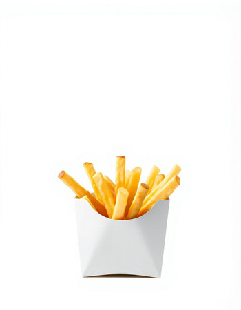 French fries in white paper box isolated on white background. Fast food concept.