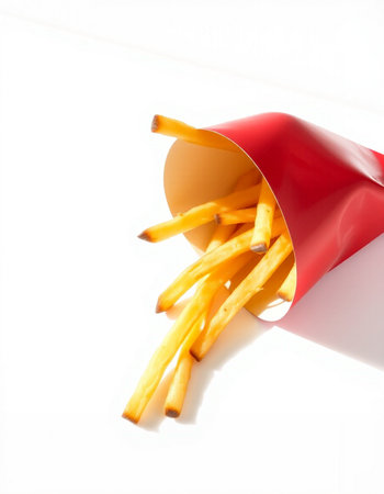 French fries in a red package on a white background. Isolated