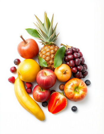 Fruits isolated on white background. Healthy eating concept. Top view.