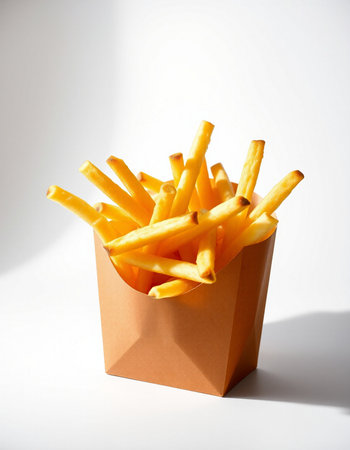 French fries in a paper box on a white background with shadow.