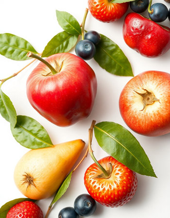 Fruits on the white background, top view. Healthy food concept