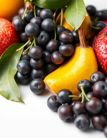 Fresh fruits and berries on a white background, close-up.の写真素材