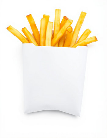 French fries in paper bag isolated on white background. Top view.