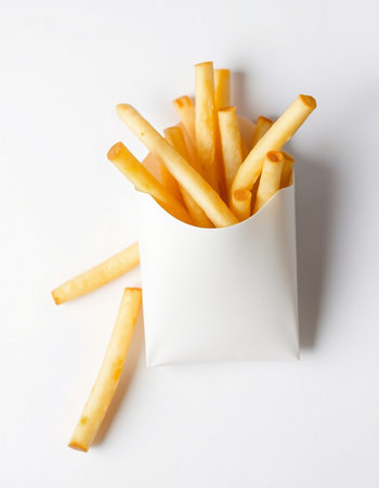 French fries in a paper box on a white background, top view