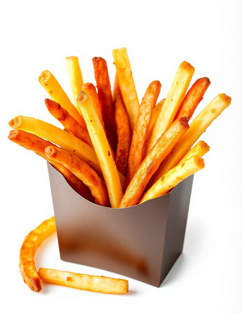 French fries in a paper box on a white background. Selective focus.