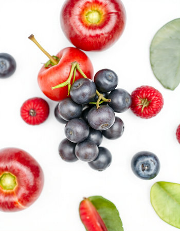 Fruits and berries on a white background. View from above.