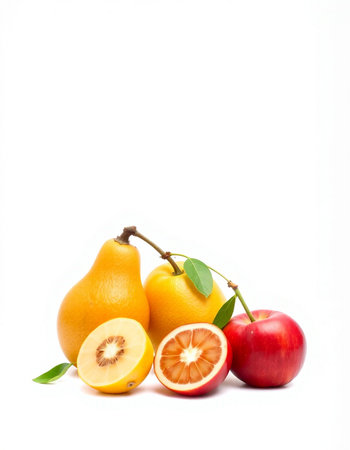 Fruits isolated on white background. Orange, pears, applesの写真素材