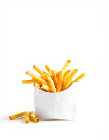 French fries in a paper box on a white background. Isolated