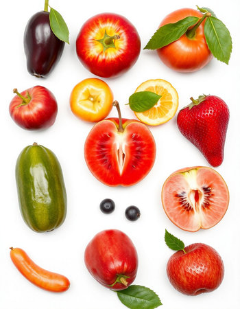 Fruits and vegetables isolated on white background. Flat lay, top viewの写真素材