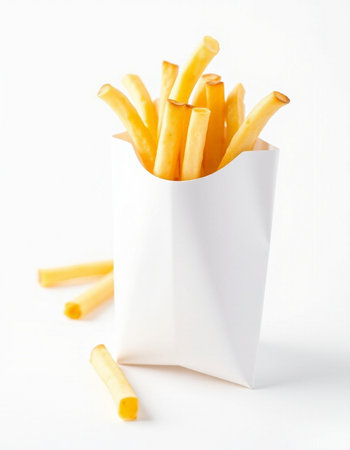 French fries in paper box on white background. Selective focus.