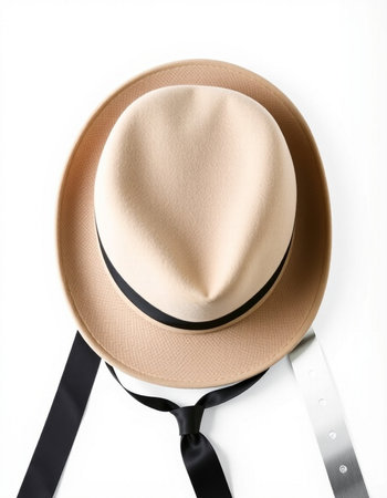 Hat and necktie isolated on a white background. Top view.の写真素材