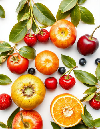 Fruits and berries on white background. Flat lay, top view
