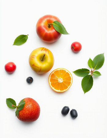 Fruits and berries on white background. Flat lay, top view