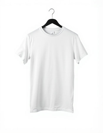White t-shirt on a hanger isolated on a white backgroundの写真素材
