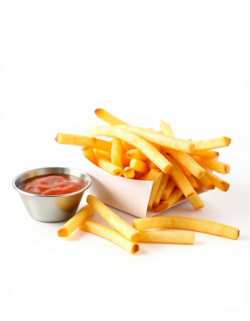 French fries with ketchup isolated on white background. Selective focus.