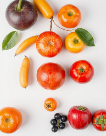 Fresh fruits and vegetables on a white background. Flat lay, top viewの写真素材