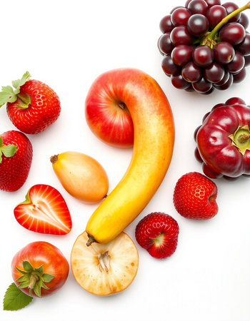 Fresh fruits isolated on white background. Healthy eating concept. Top view.の写真素材