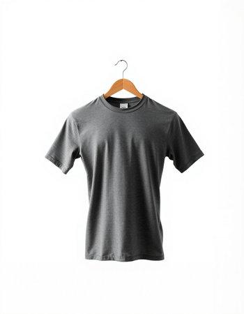 Black t-shirt on wooden hanger isolated on white background.の写真素材