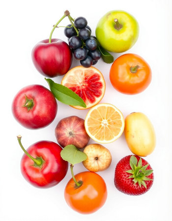 Fruits and vegetables isolated on a white background. Top view.