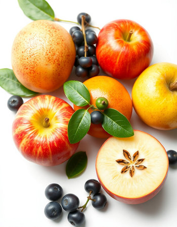 Fruits on a white background, close-up, top viewの写真素材