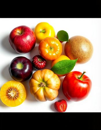 Fruits and vegetables on a white background. Healthy food concept.
