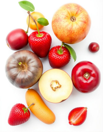 Fruits on a white background. Healthy food concept. Top view.の写真素材