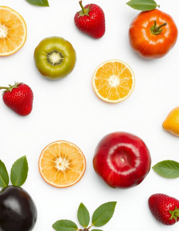 Flat lay composition with fresh fruits on white background, space for textの写真素材