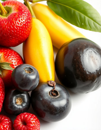 Assorted fresh fruits on a white background. Healthy food concept.の写真素材