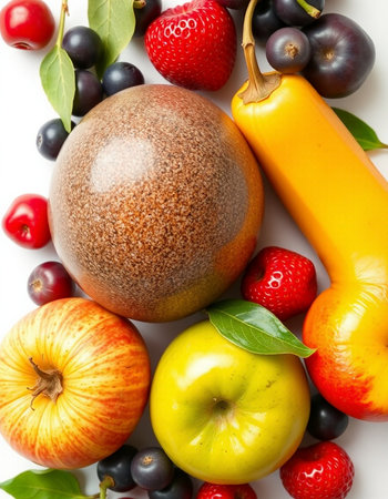 Fruits and vegetables isolated on a white background. Top view.の写真素材