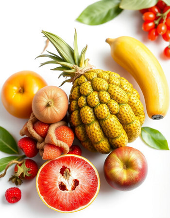 Fresh fruits isolated on white background. Healthy food concept. Top view.の写真素材