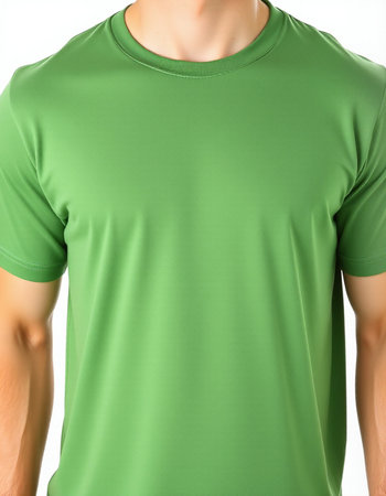 Men's green t-shirt isolated on white background. Close up.の写真素材