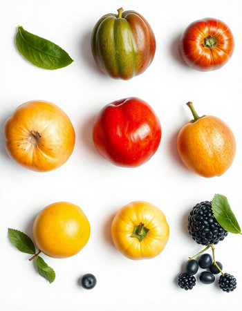 Different ripe fruits and vegetables on white background. Flat lay, top view