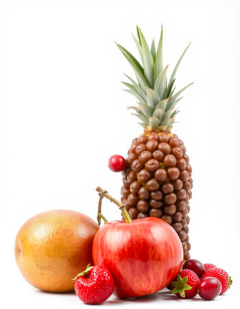 Fruits isolated on a white background. Pineapple, grapefruits, strawberries and orangesの写真素材