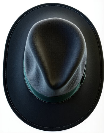 Top view of a black hat with a green band on a white backgroundの写真素材