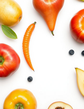 Fruits and vegetables on white background. Flat lay, top viewの写真素材