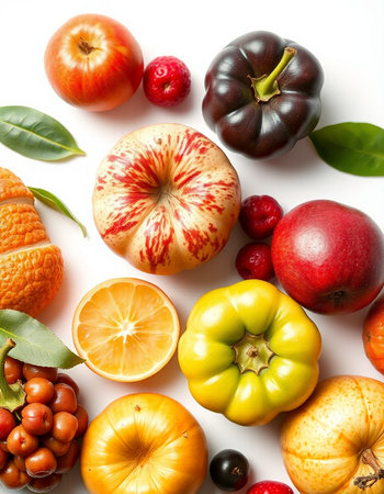 Fresh fruits and vegetables on a white background. Healthy food concept.の写真素材