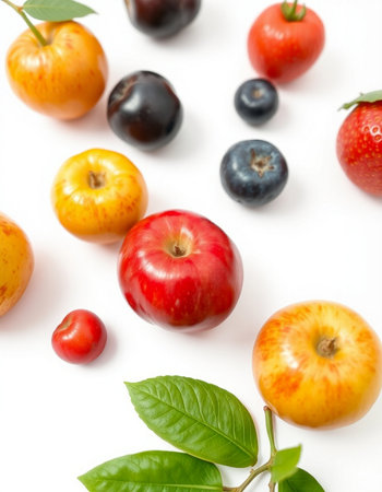 Red apple, blueberry, cherrycot on white backgroundの写真素材