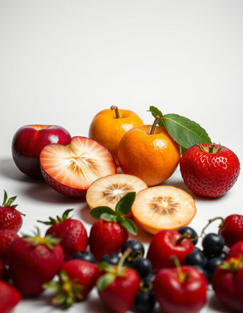 Assortment of fresh fruits on a white background, selective focus.の写真素材