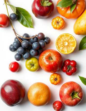 Fruits and vegetables on white background. Healthy food. Top view