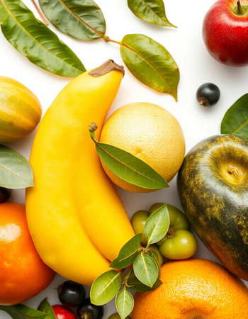 Fresh fruits isolated on white background. Top view. Flat lay.の写真素材
