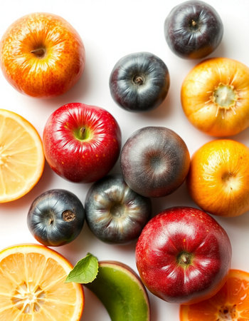 Fruit mix on white background, top view. Healthy food conceptの写真素材