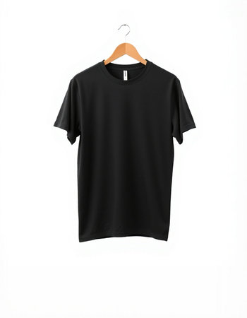 Black t-shirt on a hanger on a white background.の写真素材