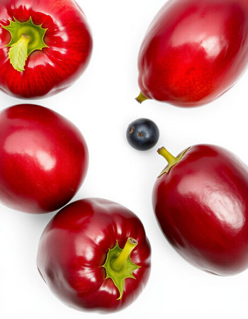 Red peppers isolated on white background. Top view. Flat lay.の写真素材