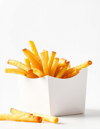 French fries in a paper box on a white background, fast food