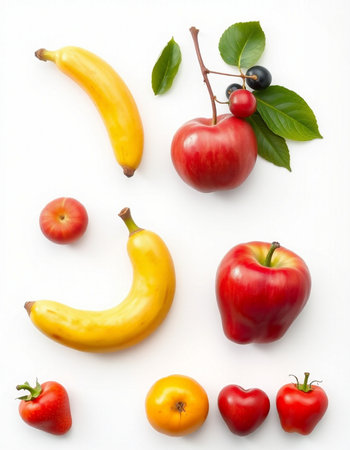 Fruits on white background. Flat lay, top view