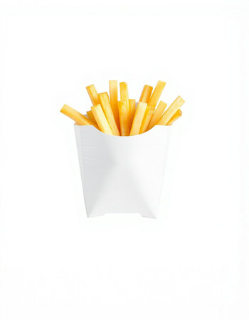 French fries in a white paper box isolated on a white background.